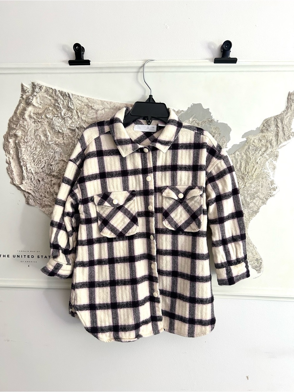 Zara Girls’ Plaid Button-Up Shirt Jacket - Cream & Black - Size 4/5